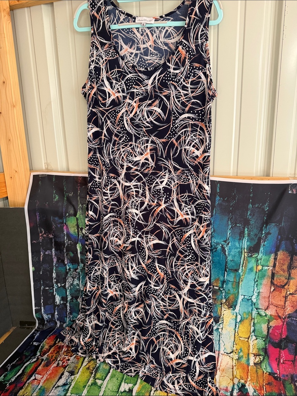 Sleeveless Navy Print Maxi Dress with Peach and White Swirls